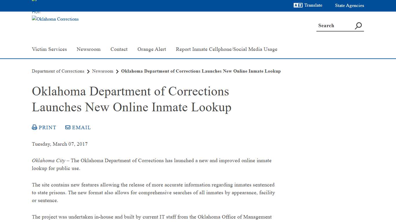 Oklahoma Department of Corrections Launches New Online Inmate Lookup